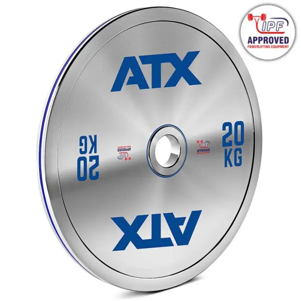 A chrome 25 kg powerlifting competition disc with blue ATX lettering on both sides, featuring an IPF approval badge. The plate is angled to highlight its design and features, perfect for powerlifting enthusiasts.