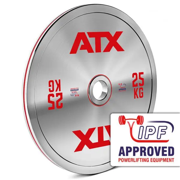 The ATX® 25kg Chrome Powerlifting Single Plate is silver with red ATX text, has a sticker reading IPF Approved Powerlifting Equipment, and features a barbell icon, marking it as an official competition disc.
