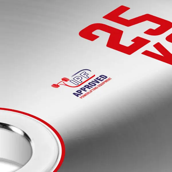 A close-up of a metallic surface shows the number 25 in red next to the IPF approved logo, a small red barbell icon, and POWERLIFTING EQUIPMENT text. A partially visible circular opening hints at high-quality ATX® 25kg Chrome Powerlifting Single Plate competition discs.