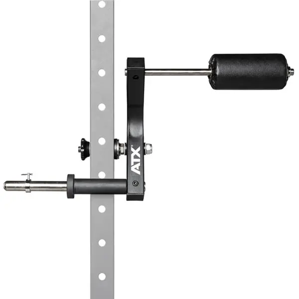 Close-up of the ATX® Neck Trainer Add On, a gym attachment with a vertical metal pole featuring multiple holes and a horizontal padded roller arm. Designed for leg exercises, it has a sleek black and silver color scheme.