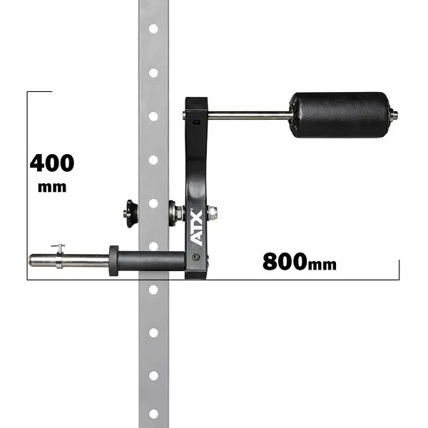 The ATX® Neck Trainer Add On is a gym attachment with vertical and horizontal handles plus a foam roller. It features multiple holes on the metal strip, measuring 400mm vertically and 800mm horizontally, branded with ATX.