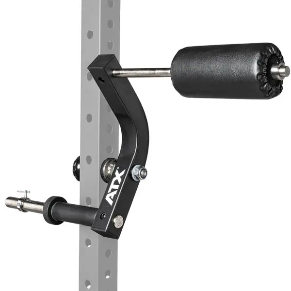 The ATX® Neck Trainer Add On features a black and silver adjustable arm with a padded roller, mounted on a grey perforated metal frame, and is designed for fitness equipment like a power rack.