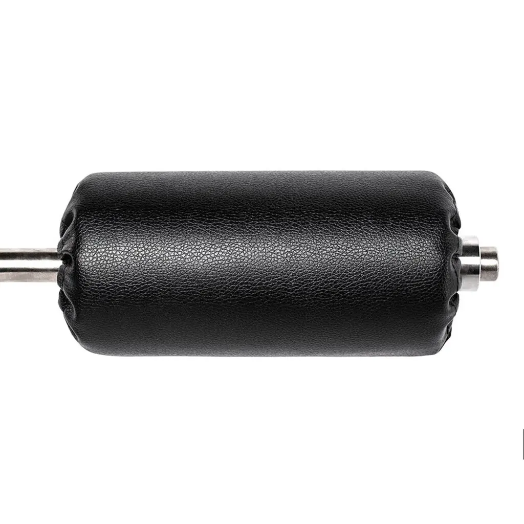 The ATX® Neck Trainer Add On is a black cylindrical padded roller with a textured surface mounted on a metal rod, featuring smooth edges, ideal for use in fitness equipment like leg extension or curl machines.