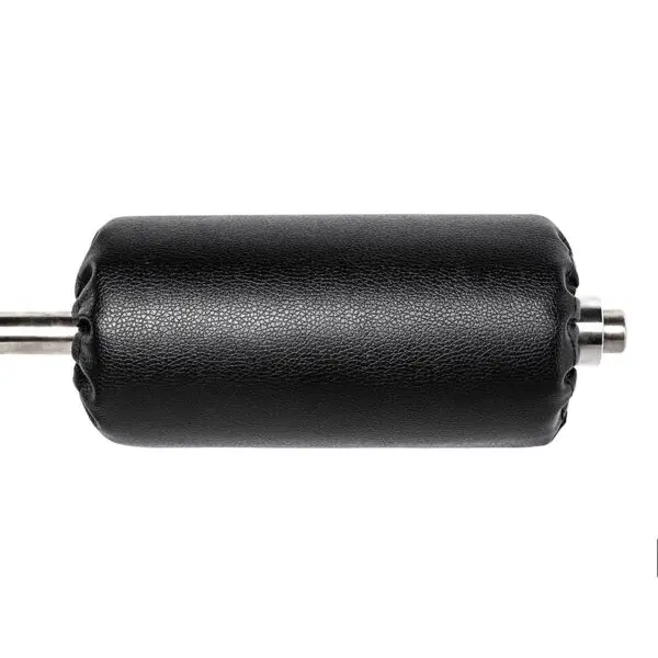 The ATX® Neck Trainer Add On is a black cylindrical padded roller with a textured surface mounted on a metal rod, featuring smooth edges, ideal for use in fitness equipment like leg extension or curl machines.