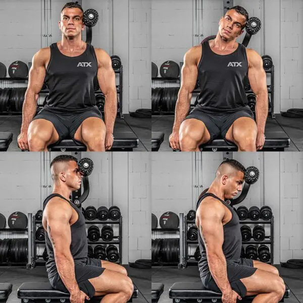 A man wearing a black tank top uses the ATX® Neck Trainer Add On for neck stretches and exercises while seated on a gym bench, with various head positions and gym equipment visible in the background.