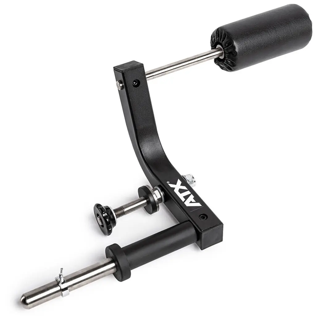 The ATX® Neck Trainer Add On is a black, adjustable metal fitness attachment with a padded roller for leg workouts. It includes a mounting bracket and adjustable knob, featuring a sleek design displaying the ATX logo.