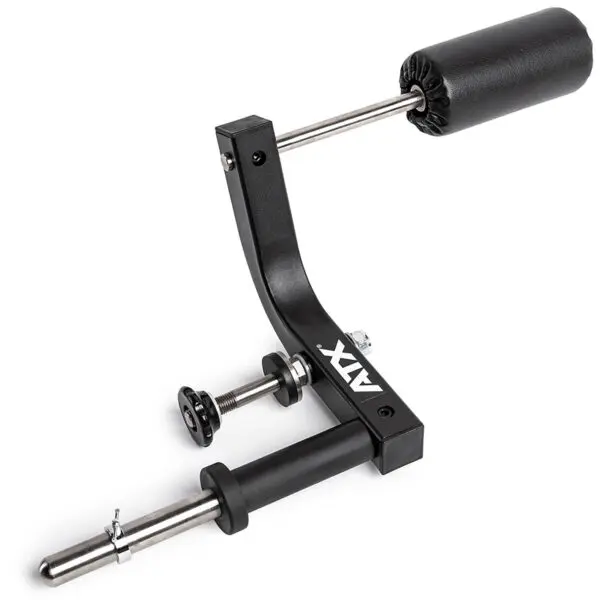 The ATX® Neck Trainer Add On is a black, adjustable metal fitness attachment with a padded roller for leg workouts. It includes a mounting bracket and adjustable knob, featuring a sleek design displaying the ATX logo.