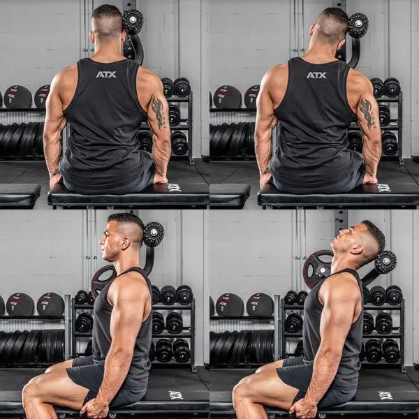 A man demonstrates a neck exercise in the gym using the ATX® Neck Trainer Add On. Seated on a bench, he moves from a neutral to a tilted-back head position while wearing black tank top and shorts. Weights and gym equipment fill the background.