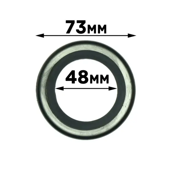 The product, named Gym Rubber Stopper 48mm, is a circular silver item with an outer diameter of 73mm and an inner diameter of 48mm, featuring labeled measurement arrows.