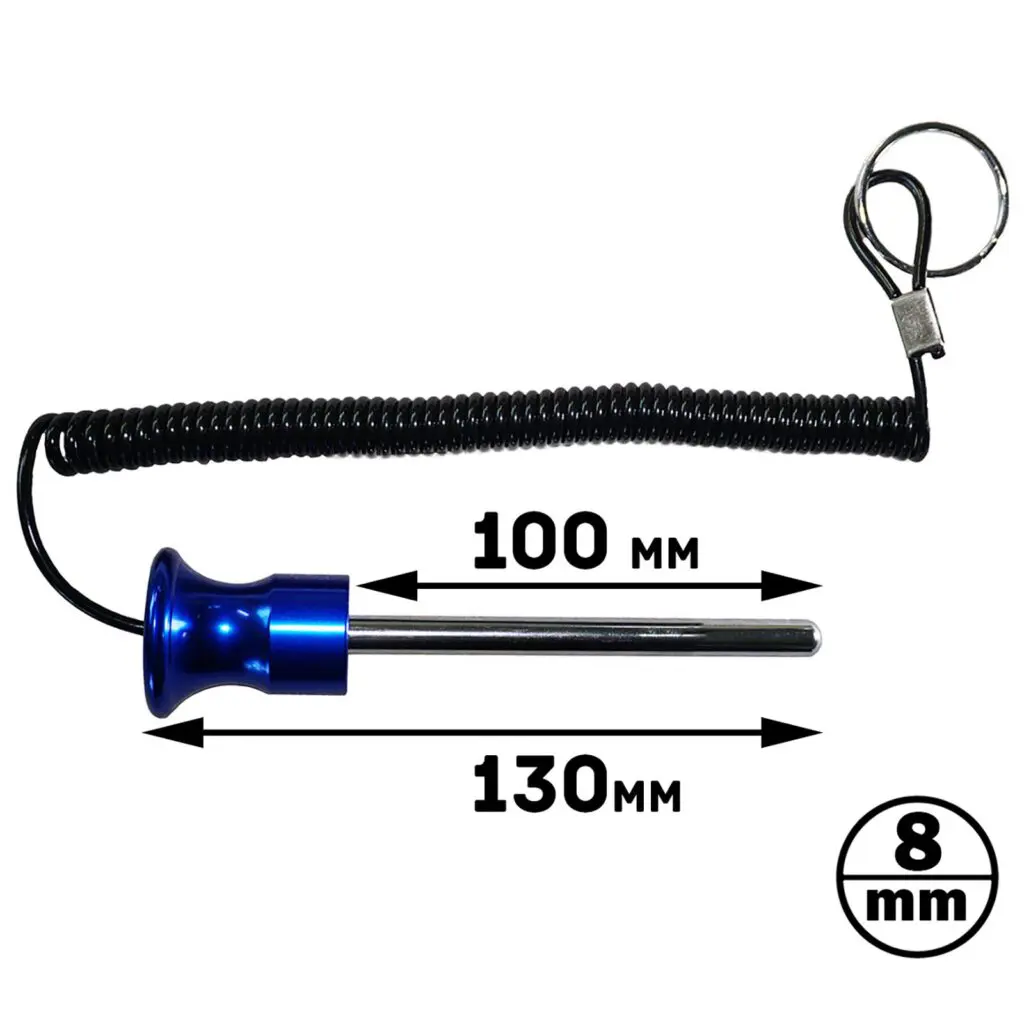 The Magnetic 8mm x 100mm Aluminium Weight Stack Pin features a coiled black cable, a blue and silver cylindrical rod thats 100 mm long with an extra 130 mm section, and an attached metal ring.