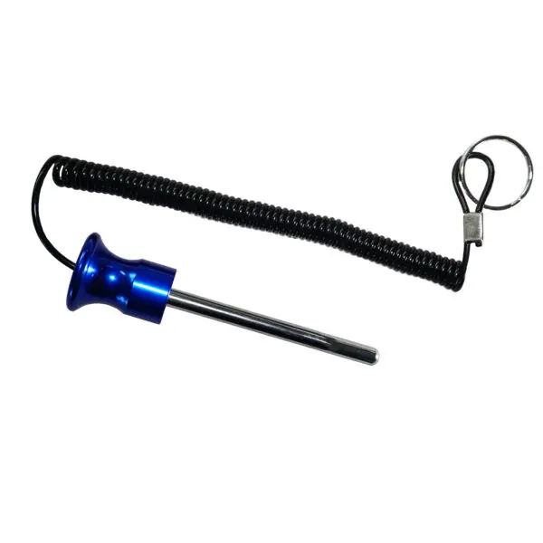 A blue anodized Magnetic 8mm x 100mm Aluminium Weight Stack Pin features a spike with a rounded top, attached to a coiled black cord and silver clip, seemingly designed to prevent loss or allow easy retraction.
