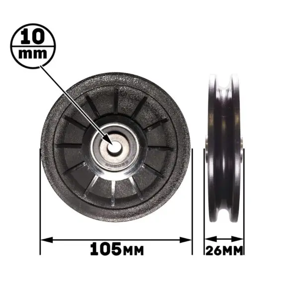 The Cable Pulley 105mm is a black wheel featuring a 10mm center bore, 105mm diameter, and 26mm thickness. Its front view displays a ridged design, while the side view reveals a grooved edge.
