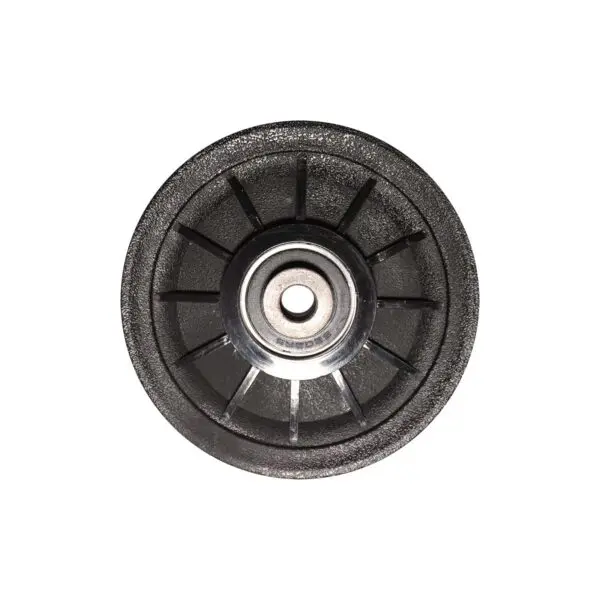 A close-up image of the Cable Pulley 105mm shows a black textured wheel with metallic bearing at its center, surrounded by radiating spokes. The white background highlights its detailed design.