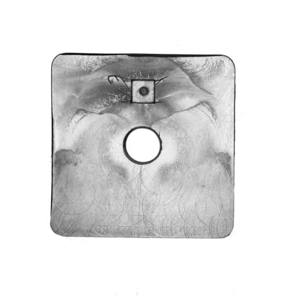 A dynamic grayscale abstract image titled Bump Stop 50mm x 50mm, features a square shape with a central circular cutout, surrounded by varied textures and shading for a striking visual effect.