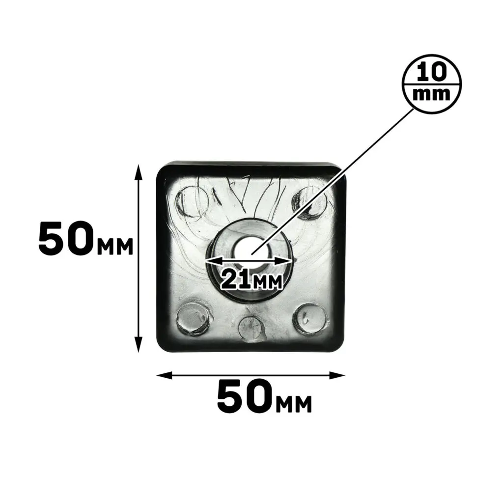 The Bump Stop 50mm x 50mm is a black square with a central 21mm circular hole and smaller indentations. A 10mm detail is highlighted on the upper right side.