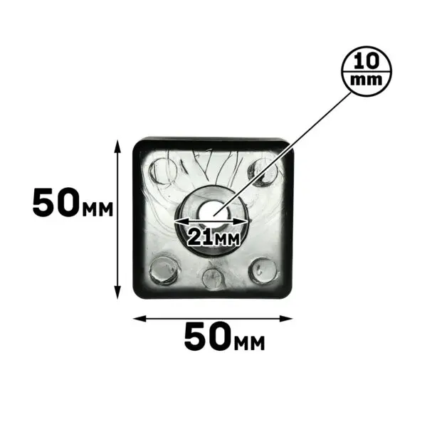 The Bump Stop 50mm x 50mm is a black square with a central 21mm circular hole and smaller indentations. A 10mm detail is highlighted on the upper right side.