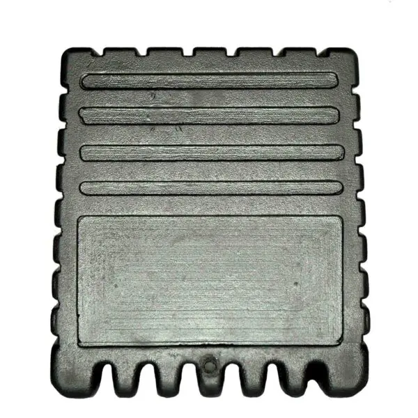 A 50mmx50mm square black rubber item with horizontal grooves and a flat surface, featuring notched edges, likely serves as a protective cover or part of a larger assembly.