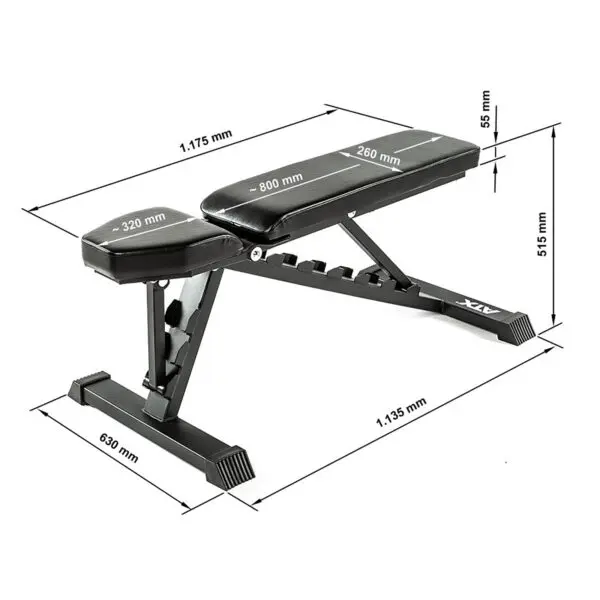 The discontinued ATX® Multi Bench 102 is an adjustable fitness bench with a sturdy black frame and padded surfaces, featuring dimensions of 1175 mm in length, 320 mm in width, seat length of 800 mm, backrest length of 260 mm, height of 515 mm, and an overall length of 1135 mm.