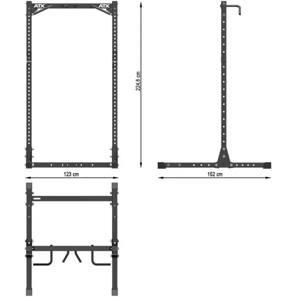Diagram of the ATX® Half Rack 750 in black, dimensions: height 224.6 cm, width 123 cm, depth 152 cm. Includes front, side, and top views with features like adjustable holes and support bars highlighted.