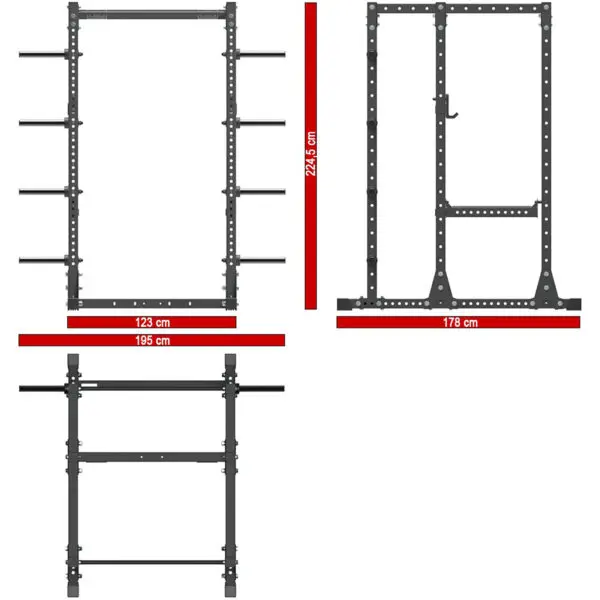 Diagram of the ATX® Power Rack 750 Deluxe Set with dimensions: Front view - 123 cm width, 223.5 cm height; Side view - 195 cm depth; Rear view - 178 cm width. Includes bars and hooks for extra support and attachments.