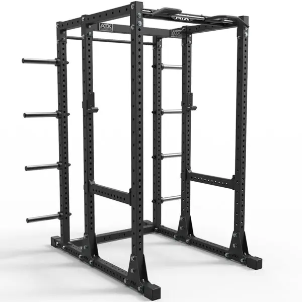 The ATX® Power Rack 750 Deluxe Set is black, designed for weightlifting with multiple adjustable positions. It includes pull-up bars and side weight plate storage pegs, set against a plain white background.