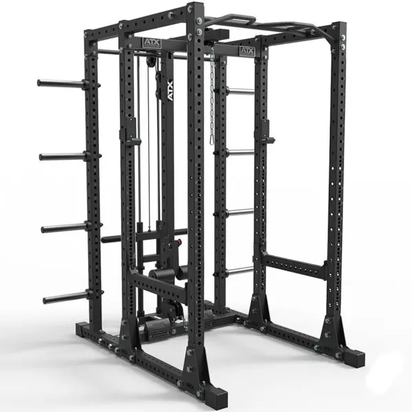 The ATX® Power Rack 755SD Deluxe is a robust black power rack with attachments like pull-up bars and weight pegs, featuring a solid frame and adjustable options for strength training exercises.