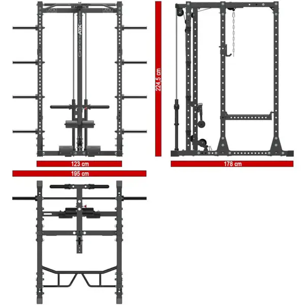 The ATX® Power Rack 755SD Deluxe with Pin Loaded Lat Tower features a multi-angle strength training frame. Dimensions: 224.5 cm in height, 195 cm in width, and 178 cm in depth. It includes multiple attachments for weight lifting and exercise.