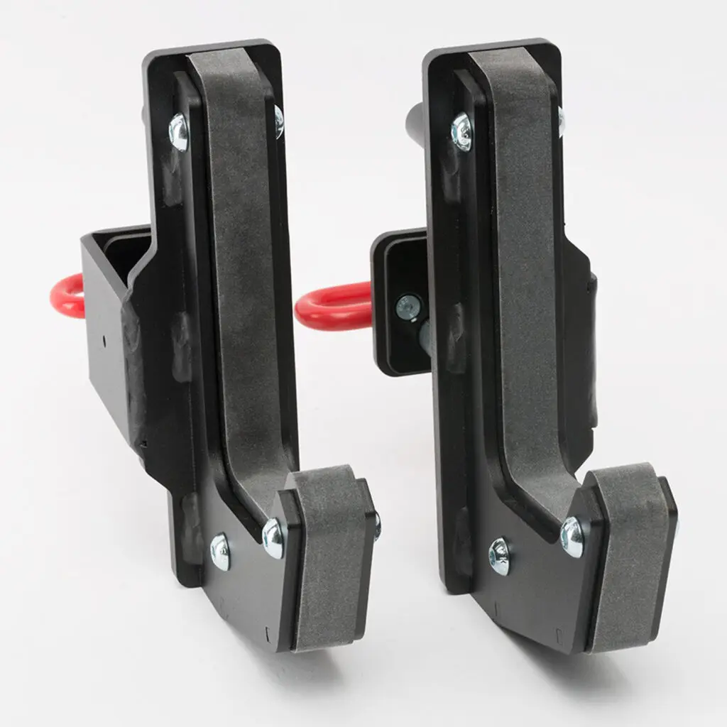 Two black metal brackets with red handles and rubber padding are positioned vertically on a white background. They feature visible screws for attachment and are likely used for securing or clamping purposes.