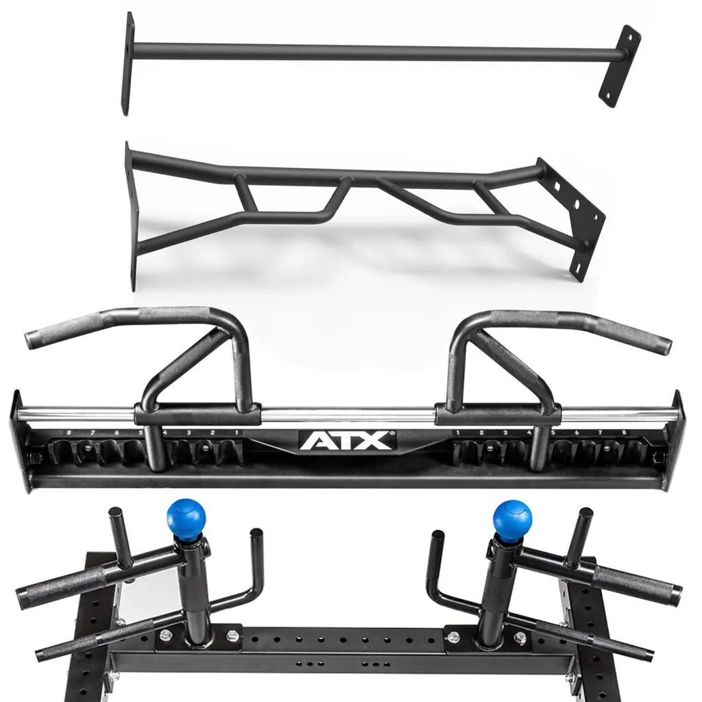 Various black metal pull-up bars are arranged vertically against a white background. The bars have different designs, including straight, curved, and multi-grip options. The bottom bar features blue knobs labeled ATX.