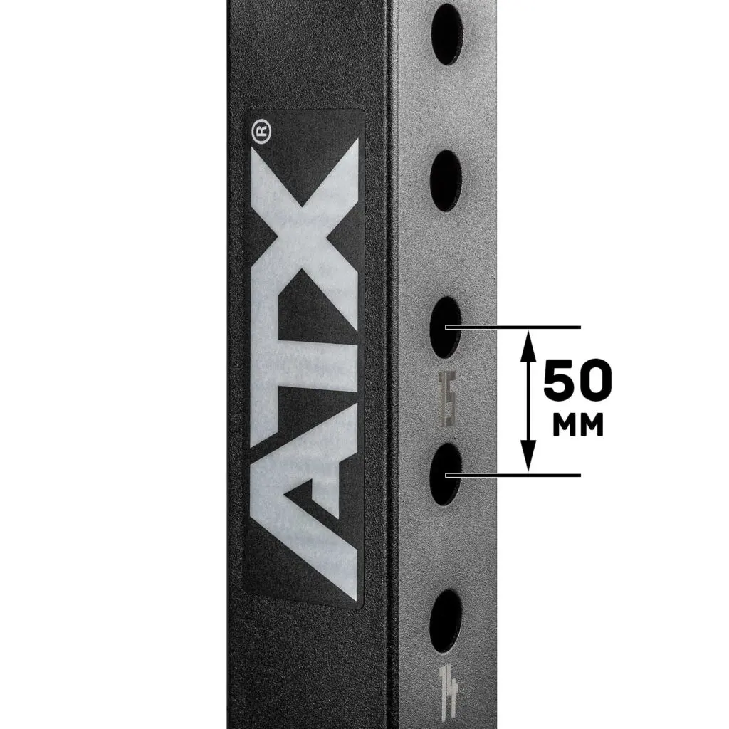 Close-up of a black ATX-branded metal post with evenly spaced circular holes, marked with a distance indicator showing 50 mm spacing between holes.