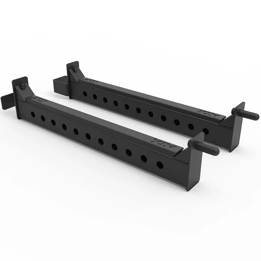 A pair of black adjustable metal brackets with multiple holes and handles, designed for securing or supporting objects. The brackets are laid parallel on a white background.