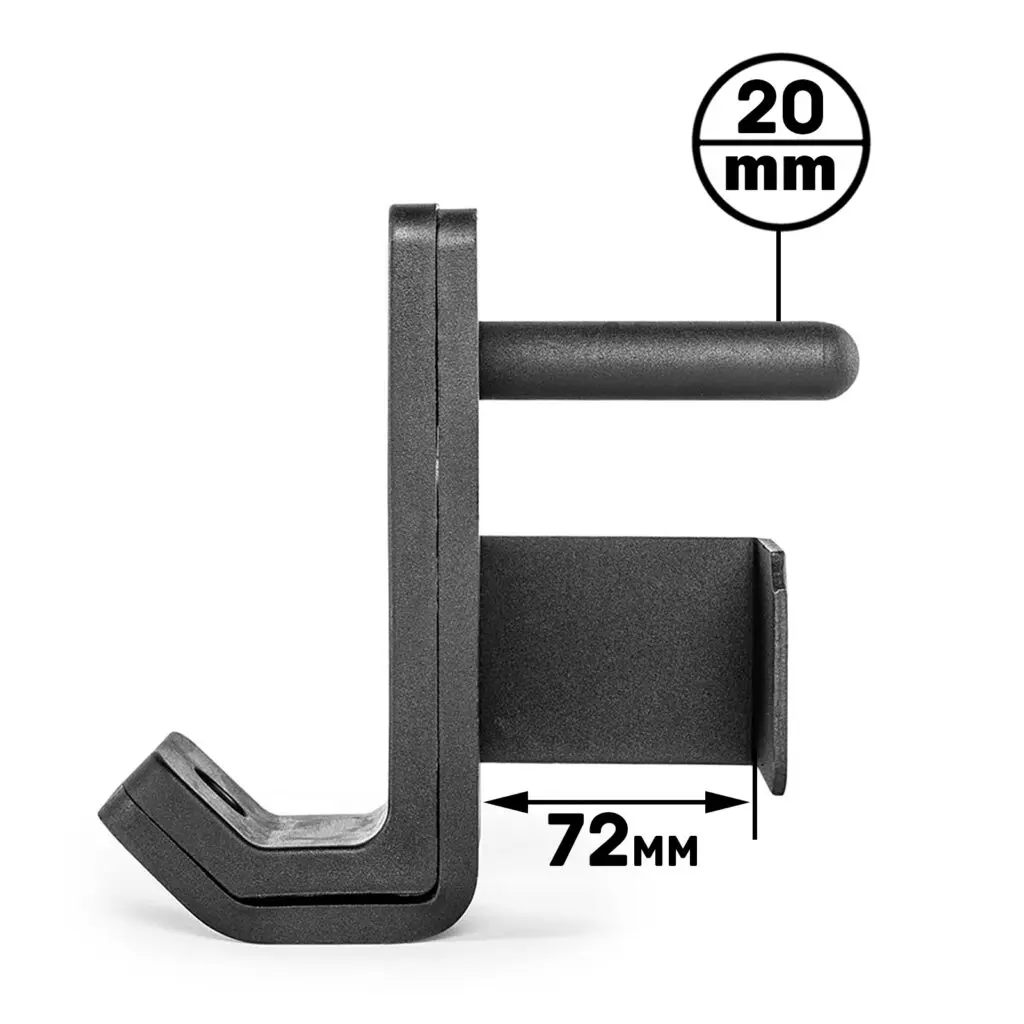 A close-up of a black, L-shaped hook with dimensions marked: 20 mm for thickness and 72 mm for width.