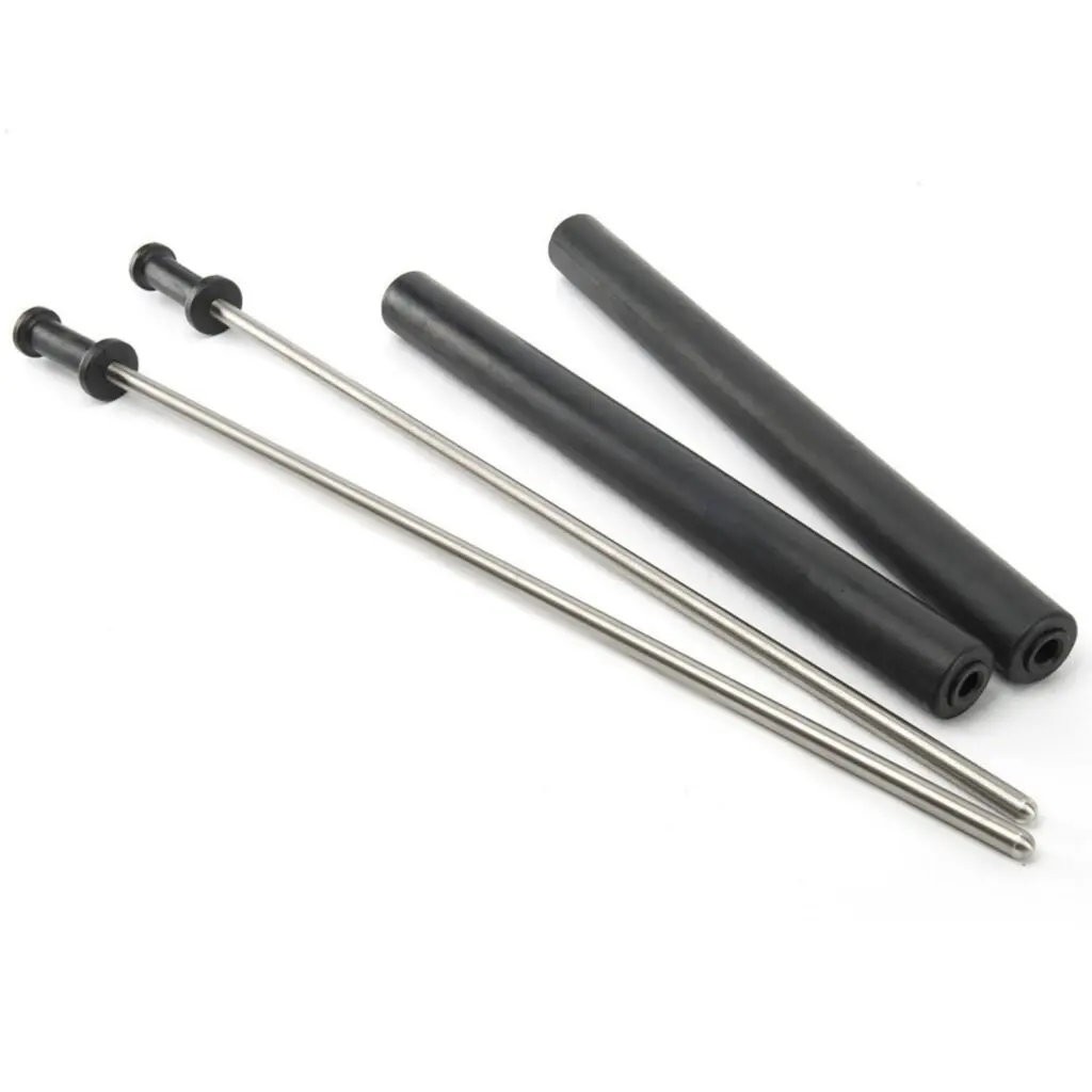 Two long metal rods with black cylindrical caps and two black rubber sleeves are laid out parallel to each other on a white background.