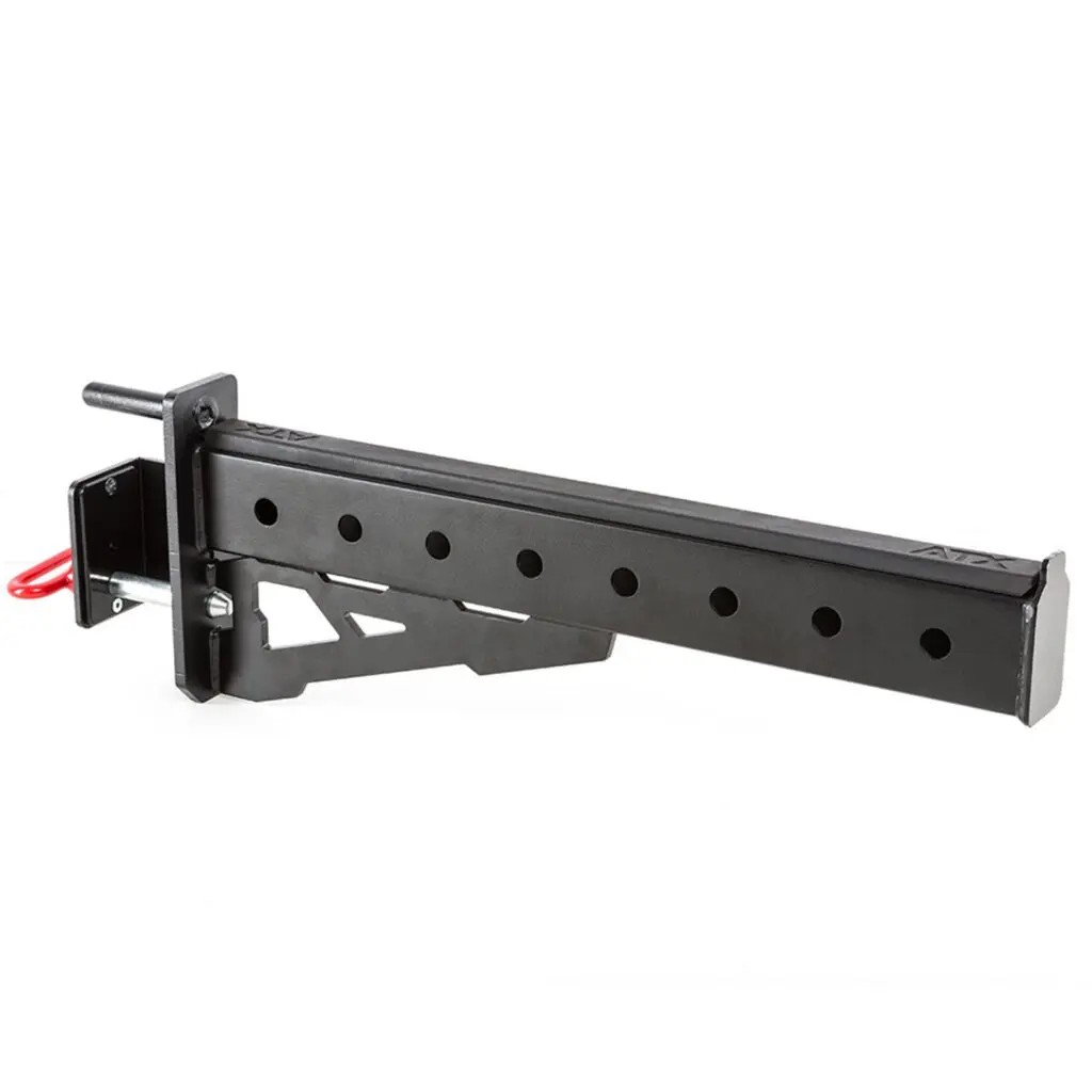 A black metal motorcycle loading ramp with multiple adjustment holes and a red release pin. The ramp is designed for mounting on the side of a vehicle to assist in loading motorcycles.