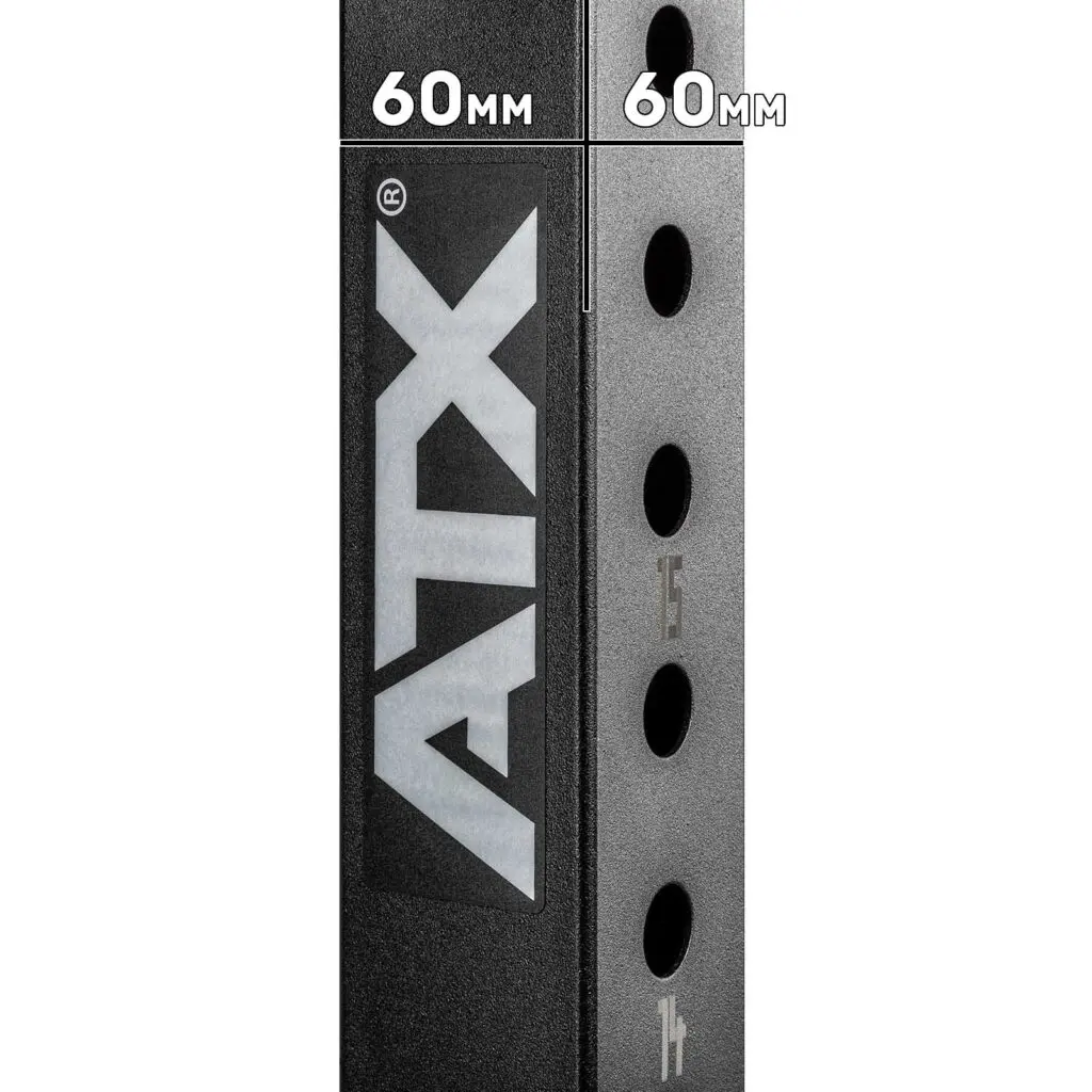 Close-up of a black vertical bar with a large ATX logo. The bar has evenly spaced circular holes and measurement labels showing 60mm. The background is plain white.