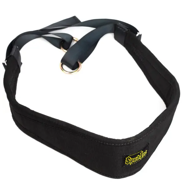 The Spud Kaiju Belt features two metal rings on black straps and a padded black design, with a small yellow and black logo on the side.