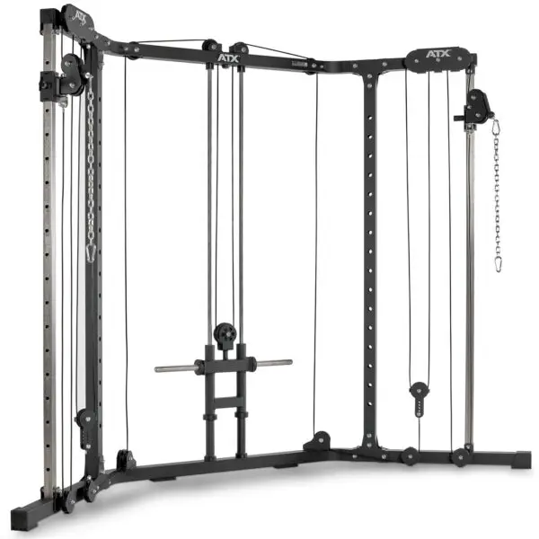 The ATX® Cable Crossover Plate Loaded DISCONTINUED is a sturdy, black multi-gym machine featuring adjustable pulleys and attachments for versatile exercises. It offers plate-loaded weight options and includes handles, making it ideal for strength training and fitness workouts.