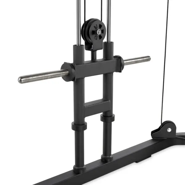 The ATX® Cable Crossover Plate Loaded machine, now discontinued, features a sleek black and metallic design with a metal pulley system. Its structure includes two vertical metal bars and a central weight handle attachment for strength training exercises.