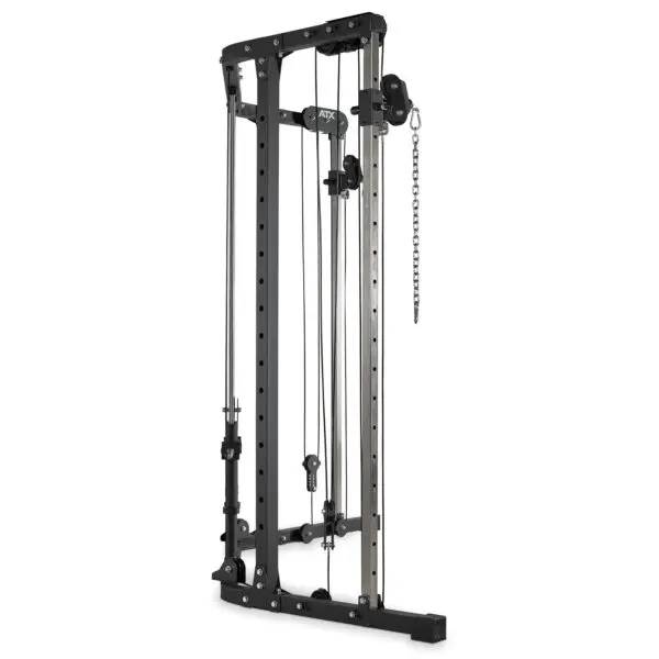 The ATX® Cable Crossover Plate Loaded, now discontinued, is a black and silver exercise machine with adjustable pulleys and a metal frame. It features chain attachments for versatile workouts, ideal for gyms or homes with its compact design.