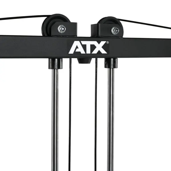 Close-up of the discontinued ATX® Cable Crossover Plate Loaded system, highlighting its sleek black frame, dual pulleys, and sturdy cables—perfect for any fitness enthusiast seeking versatile strength training with cable crossover exercises.