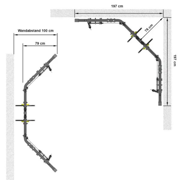 Diagram of the ATX® Cable Crossover Plate Loaded DISCONTINUED showing a dark gray L-shaped metal structure with hinges and hooks. Measurements: 197 cm, 79 cm, 16 cm, and 137 cm. Features cable crossover elements with Wandabstand (wall distance) labeled as 100 cm.