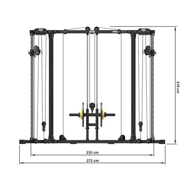 The ATX® Cable Crossover Plate Loaded machine, now discontinued, is black and features adjustable pulleys with a weight stack. It combines plate-loaded versatility and strength training within a sturdy frame measuring 230 cm wide, 272 cm long, and 241 cm high.