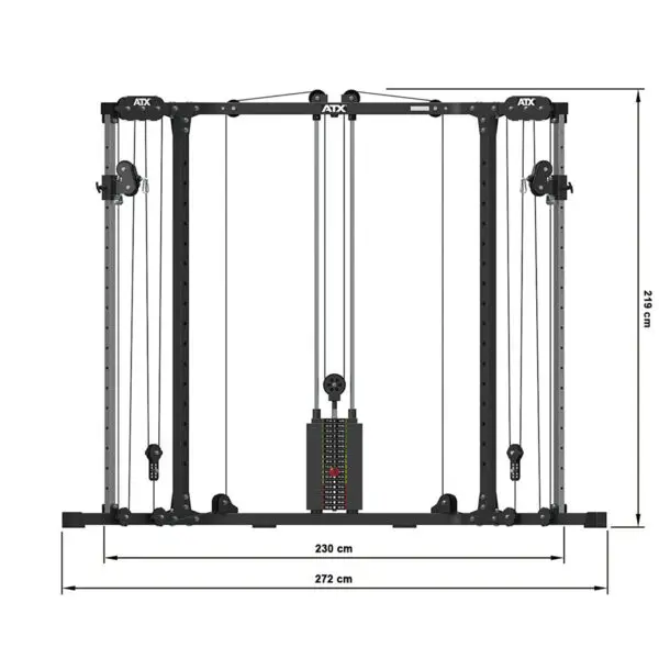 Image of an ATX® Cable Crossover Weight Stack 90 kg, featuring pulley systems, adjustable cables, and weight stacks. Measures 230 cm wide, 219 cm tall, and 272 cm deep. Perfect for strength training exercises.