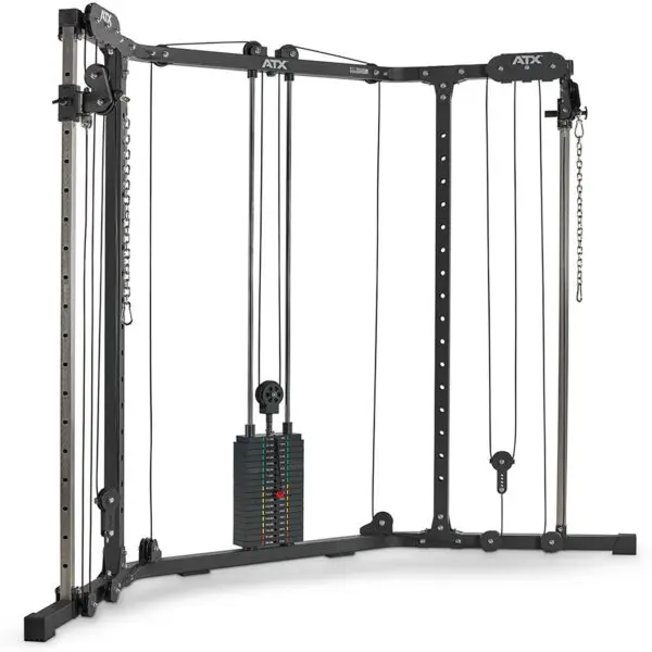 The ATX® Cable Crossover Weight Stack 90 kg features a black frame with adjustable weight stacks, pulleys, handles, and versatile attachment points for various exercises.