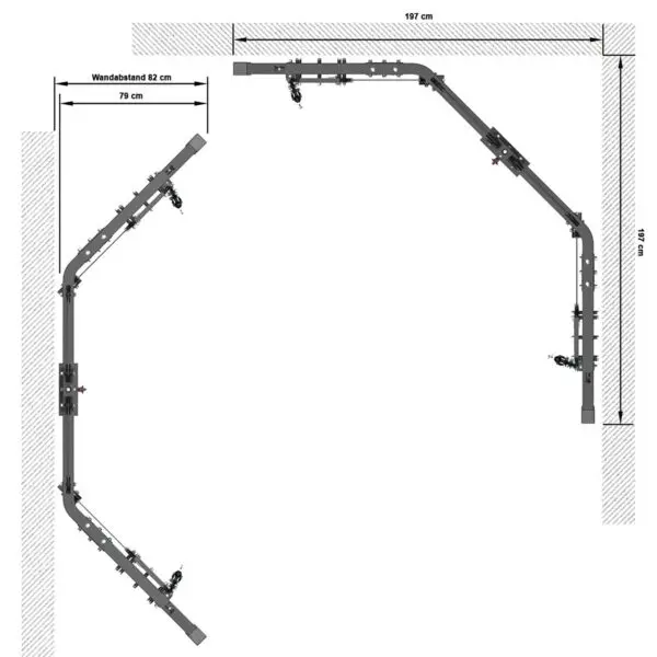 Diagram of the ATX® Cable Crossover Weight Stack 90 kg metal frame structure with dimensions: width 197 cm, height 257 cm, and wall distance 82 cm. The angular design with attachment points is shown from a top-down perspective.