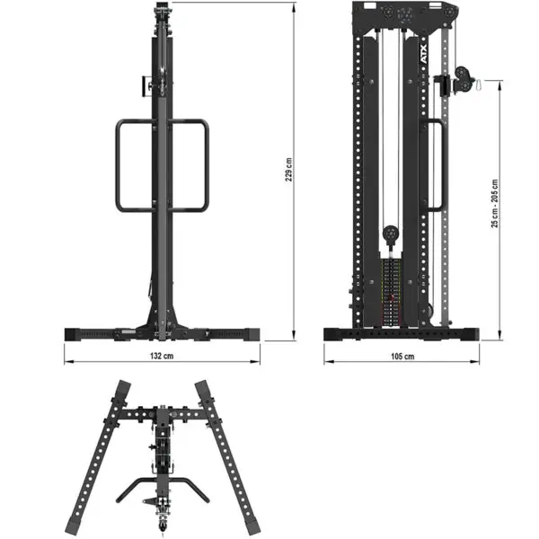 Diagram of a multigym with three views: front, side, and top. Dimensions: height 238 cm, width 132 cm, depth 105 cm. This versatile cable weight machine features adjustable handles and a weight stack for personalized workouts.
