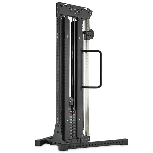 A black, metal cable weight machine with a vertical design, featuring adjustable weights and a handle for varied exercises on a robust frame.