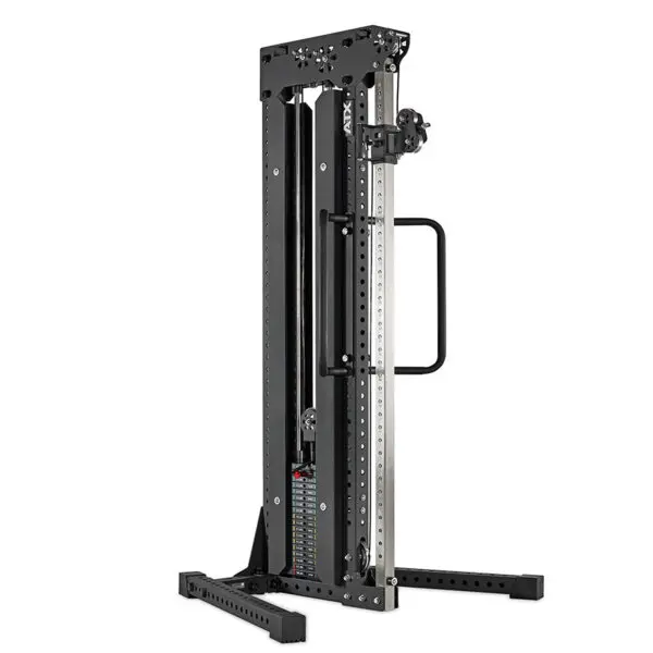 A black and silver adjustable cable weight machine for home or gym workouts, featuring a weight stack with a pin-selector system and a sturdy frame with multiple holes for adjustment. Handles are visible on the side for support, making this cable station versatile and user-friendly.