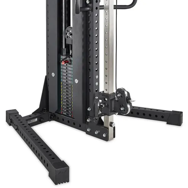 Close-up of a black cable weight machine with adjustable weight stacks. The image features the machine's base with metal rods and numbered weight indicators. This sleek cable station is set against a plain white background, highlighting its robust design.