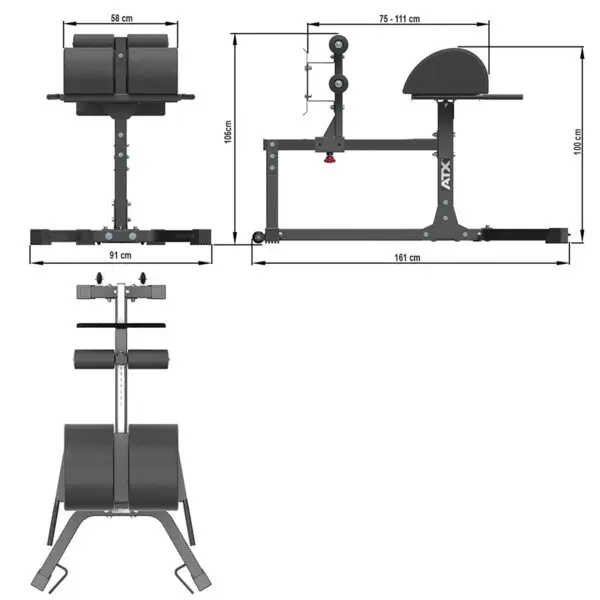 Design schematics of a workout bench and glute ham developer, showing dimensions and multiple angles. The equipment includes padded sections and adjustable features, labeled with measurements in centimeters on the top and side views.